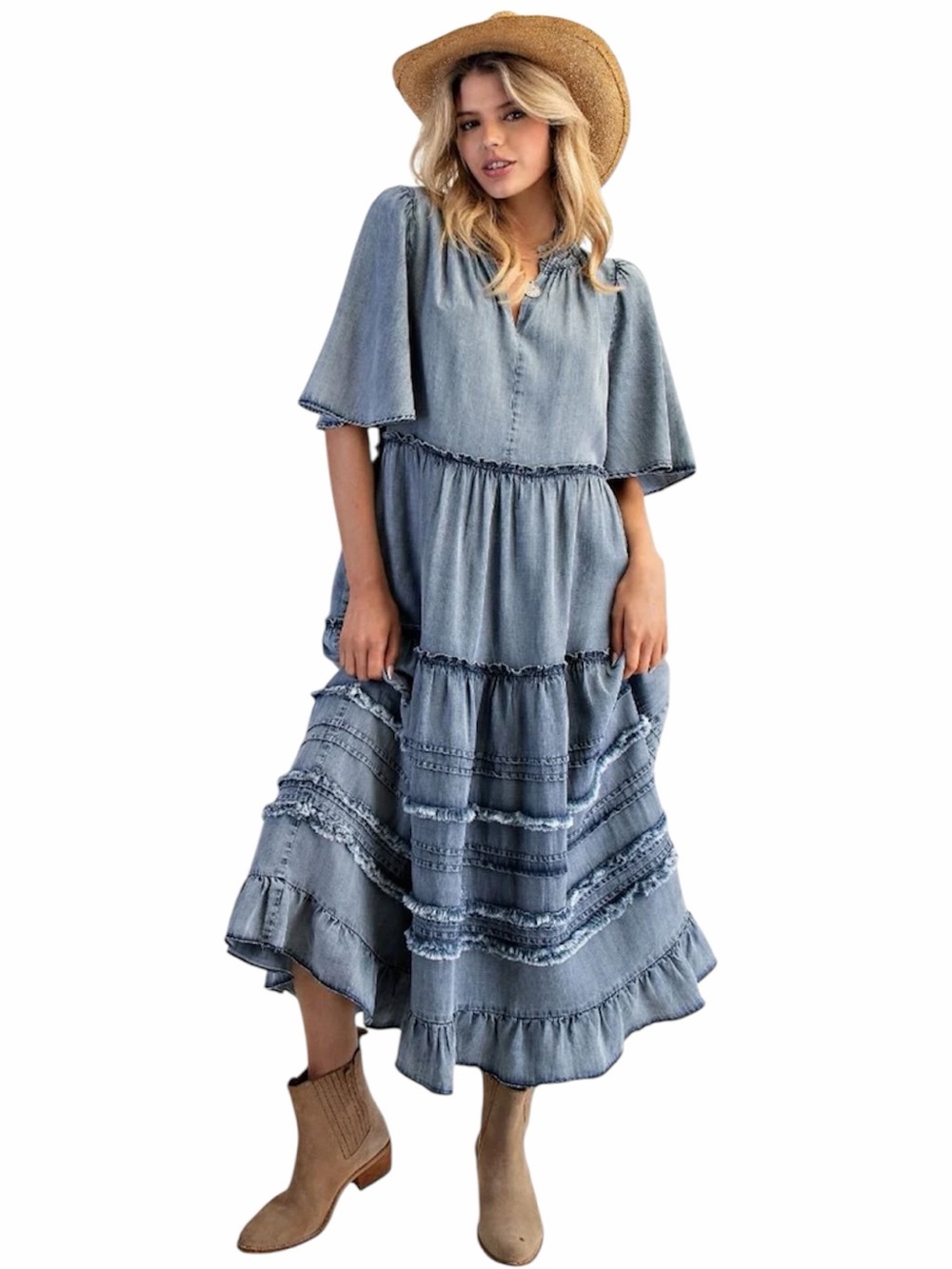 EASEL oversized washed denim dress tiered skirt frayed edging Sz Medium